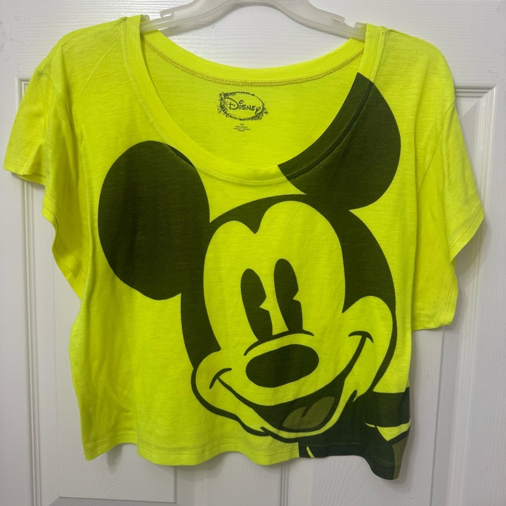 Disney Mickey Mouse Neon Yellow Crop T-Shirt Top Women’s Size Large Lightweight